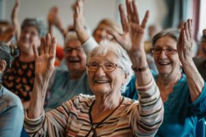 Elderly residents smiling and chatting together at a shared dining table in a bright, comfortable room.