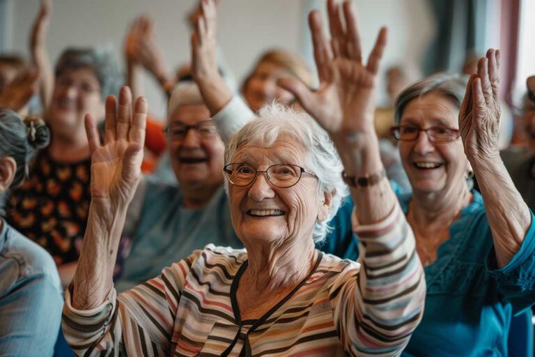 Elderly residents smiling and chatting together at a shared dining table in a bright, comfortable room.